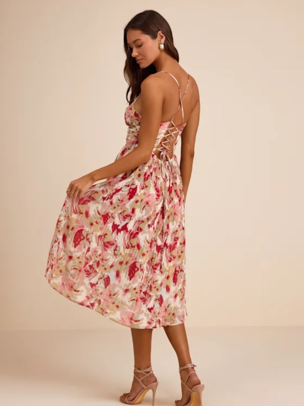 NWT Lulus Aleyna Red Multi Abstract Pleated Lace-Up Bustier Midi Dress Size L